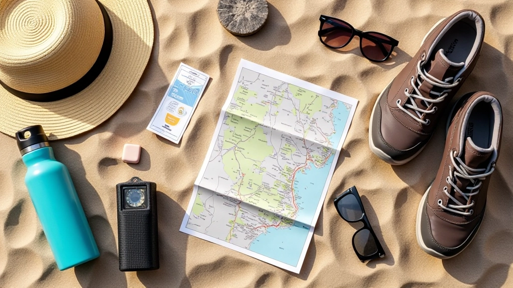 Senioru grupu aprīkojums — ērtas pastaigas kurpes, ūdens pudeles, saules brilles un kompasa karte uz klintāju fona