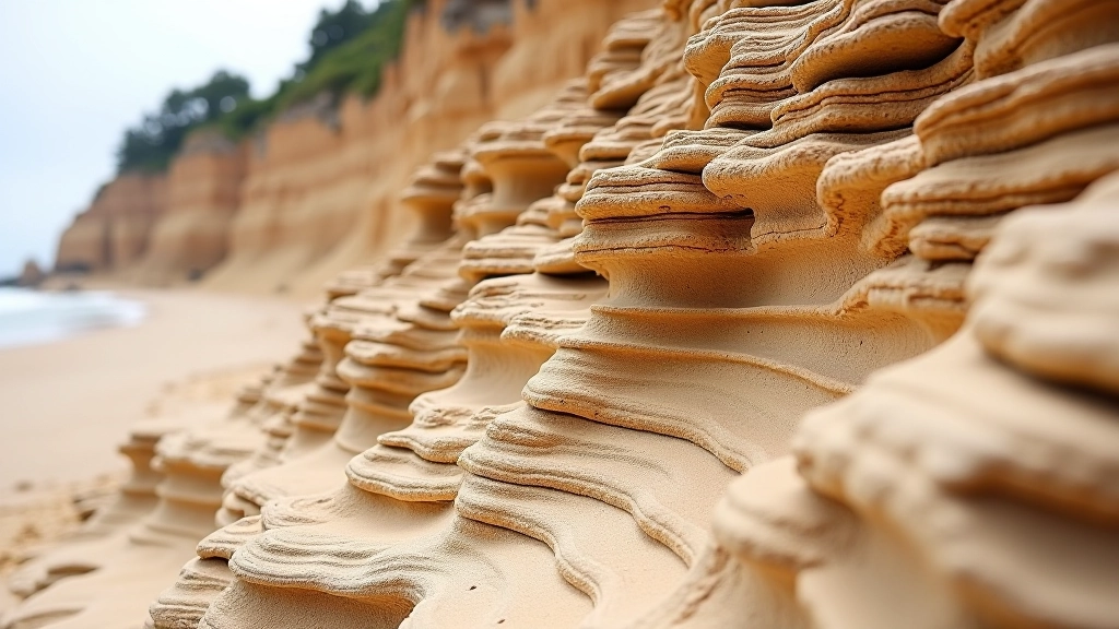 Smilšakmens atsegumi un dabas geologiskie slāņi, kas redzami krasta klintīs